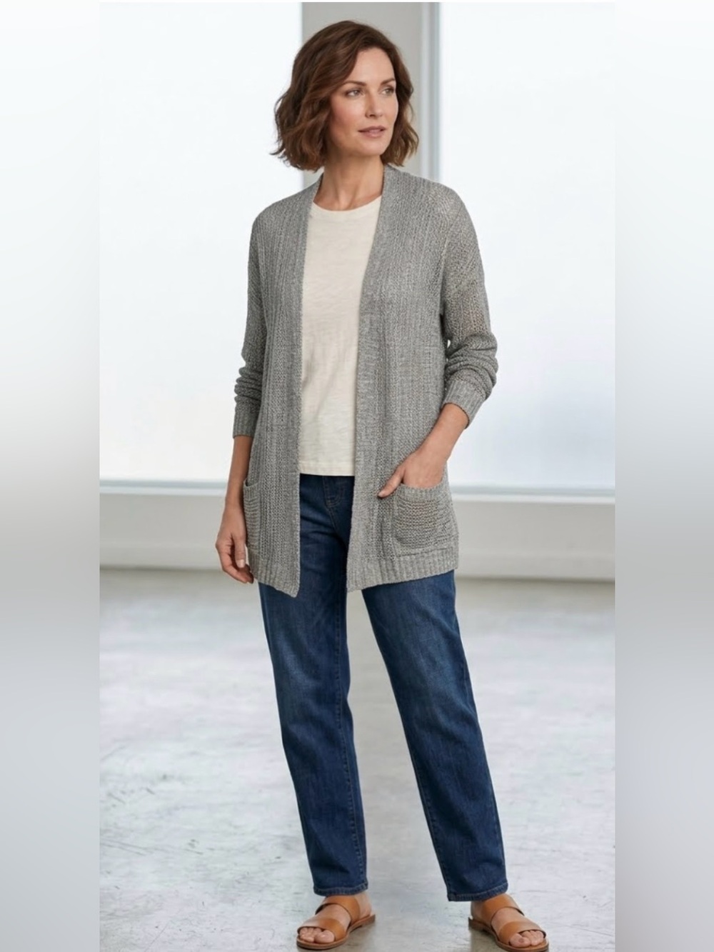 Chico’s Linen Blend Long Line Cardigan Sweater open weave pockets Size Large